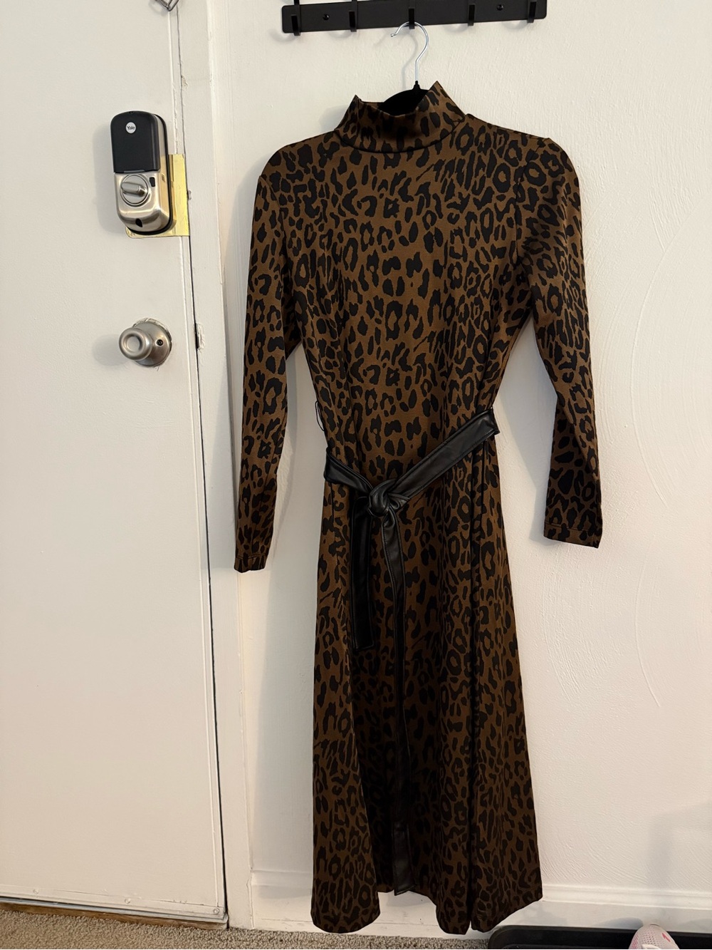 Anne Klein Brown and Black Leopard Print Long-Sleeve Turtleneck Dress